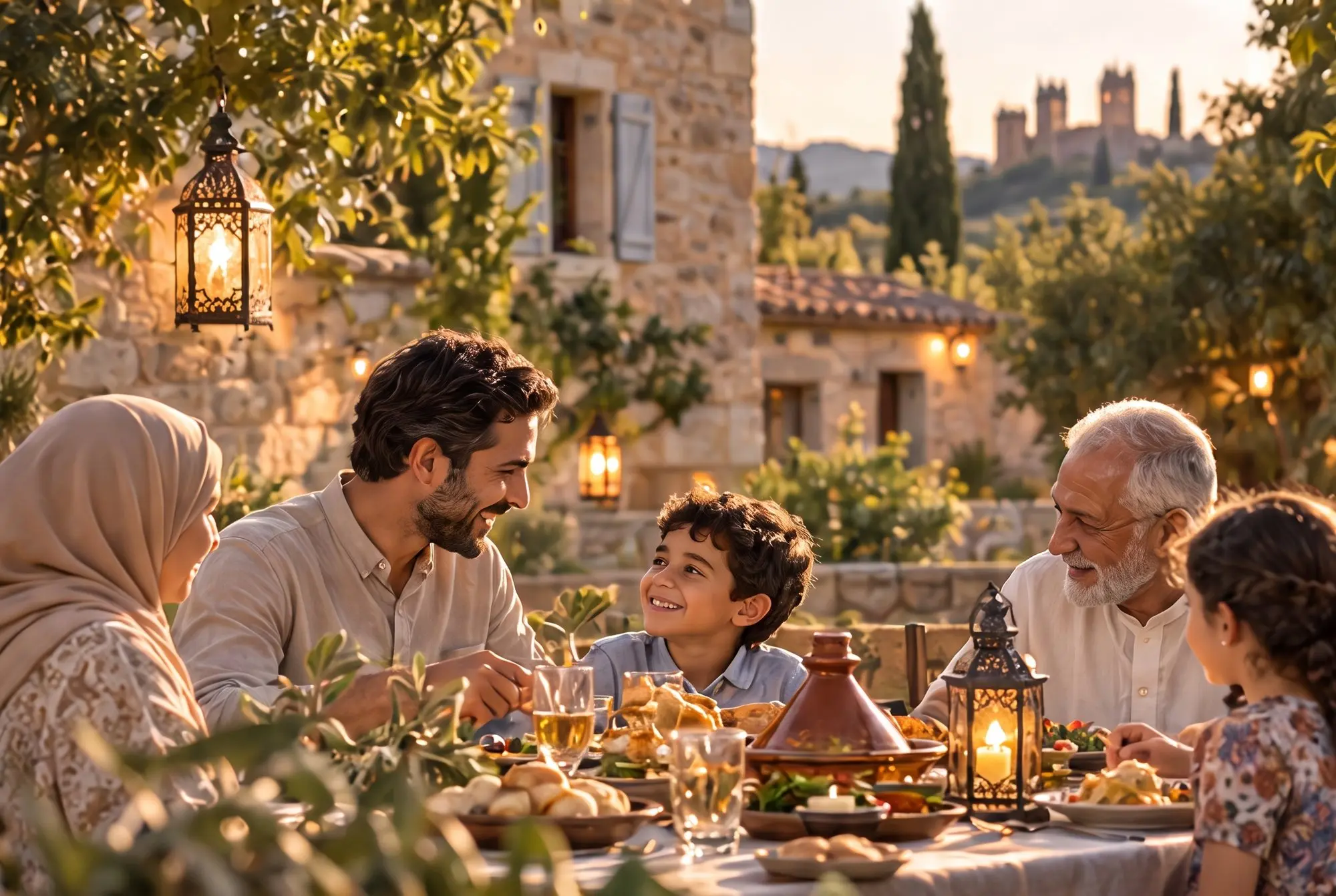 Une famille réunie autour d'une table de fête en plein air