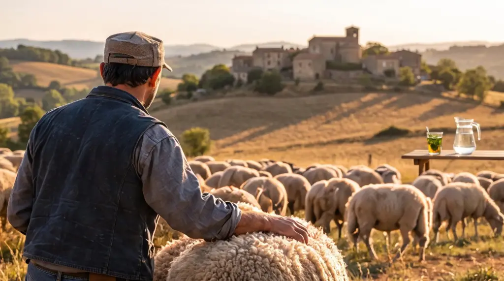 Un berger agenouillé au milieu de son troupeau au coucher du soleil
