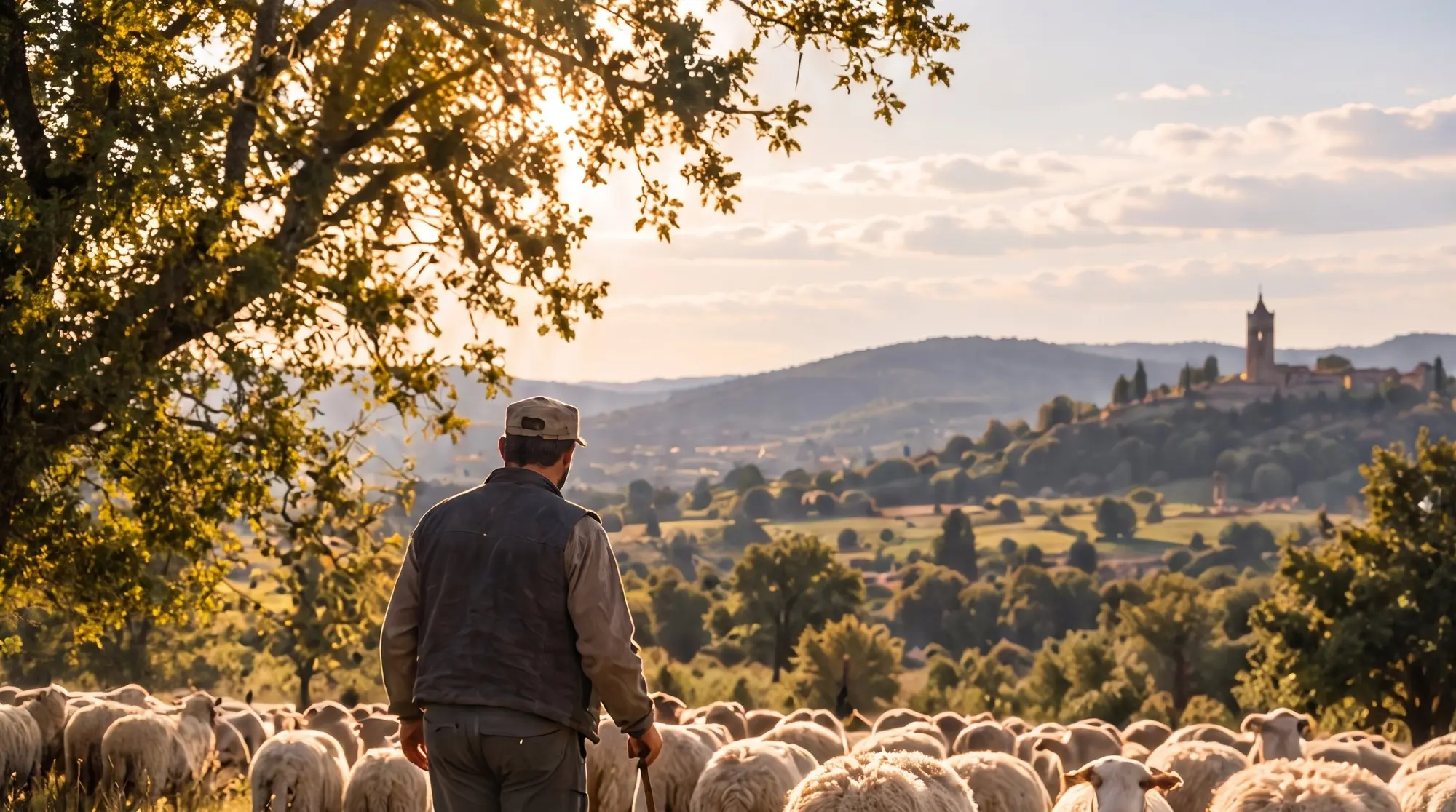 Un berger de dos marche avec son bâton au milieu de son troupeau