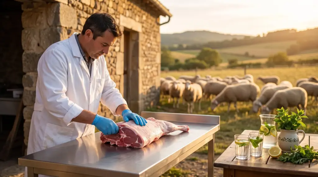 Un boucher prépare la viande sur un plan de travail