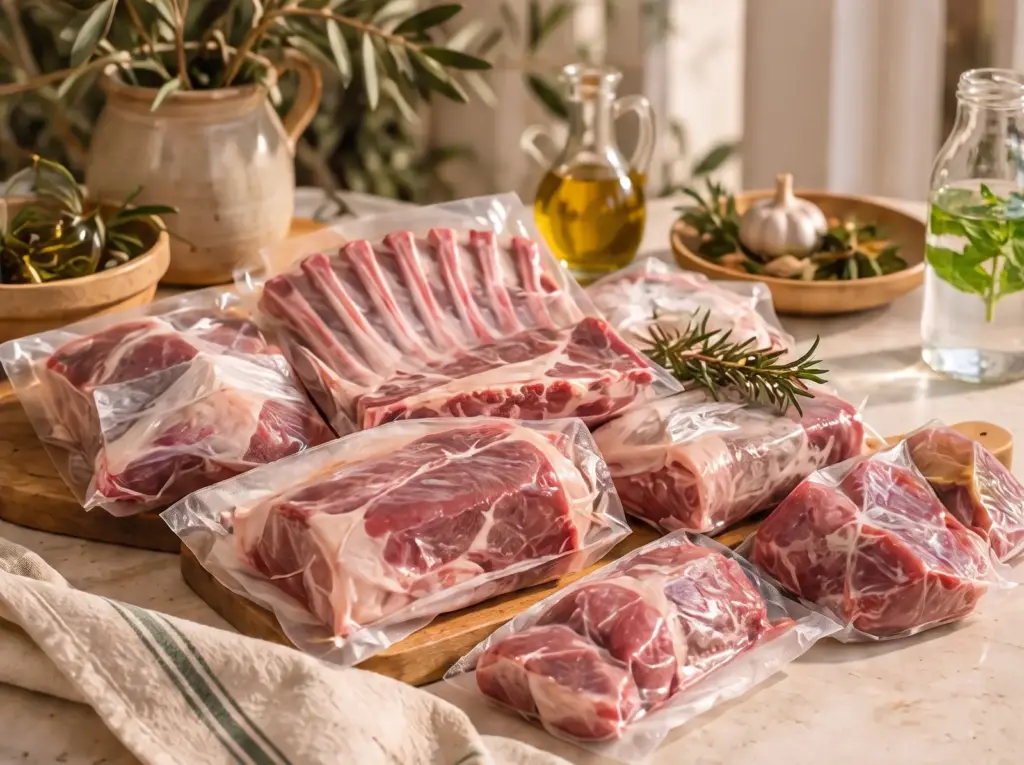 Morceaux d'agneau sous vide sur une planche en bois