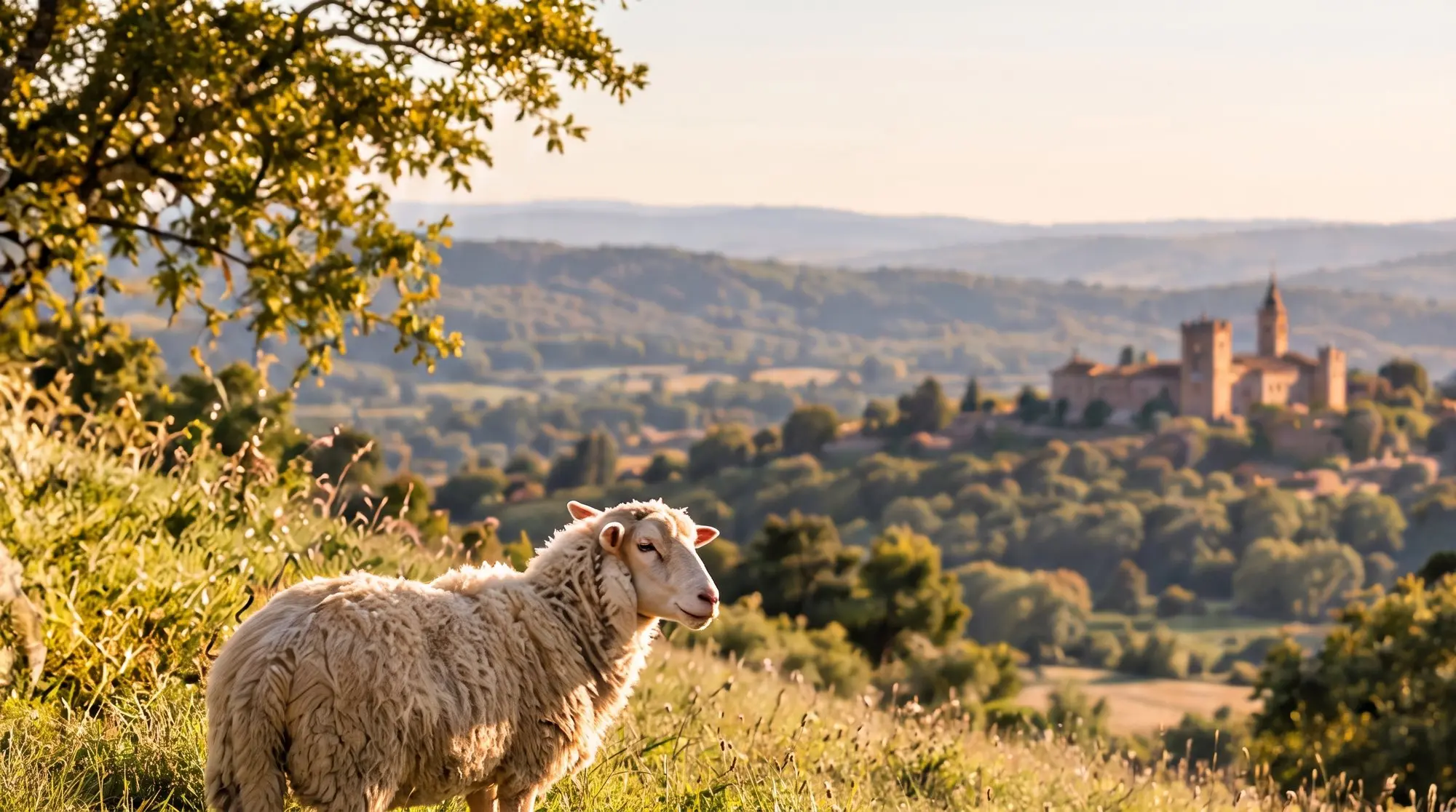 Un mouton sur une colline, village perché au loin