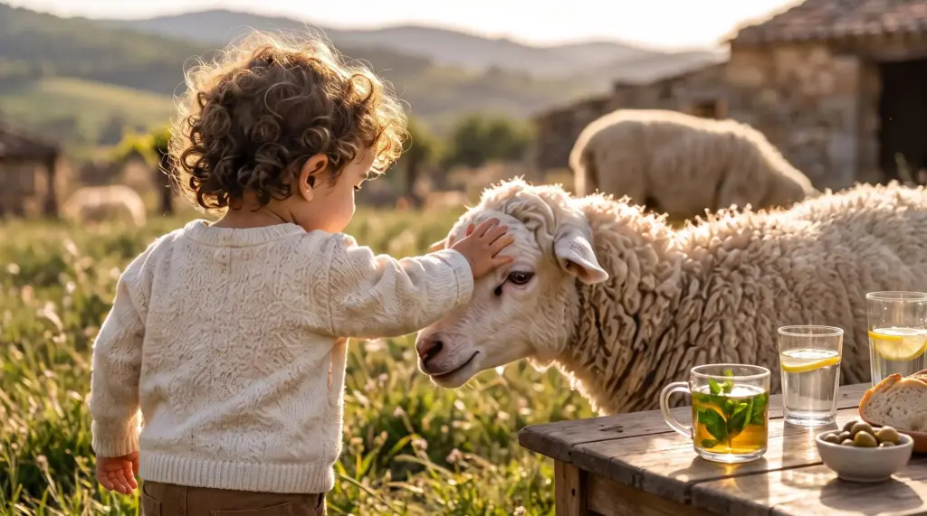 Un jeune enfant caresse un mouton dans une prairie