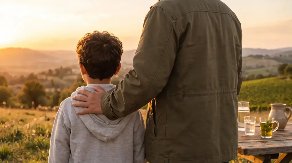 Un enfant et son père face aux collines au coucher du soleil