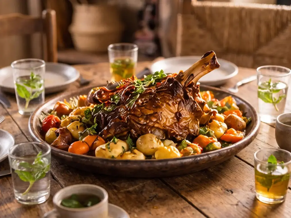 Gigot d'agneau rôti sur un plat de légumes