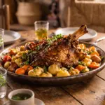 Gigot d'agneau rôti sur un plat de légumes