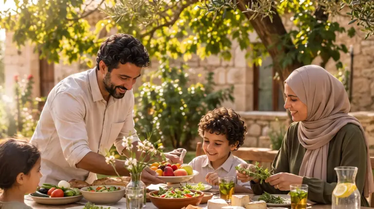 Une famille prépare une table de fête en plein air
