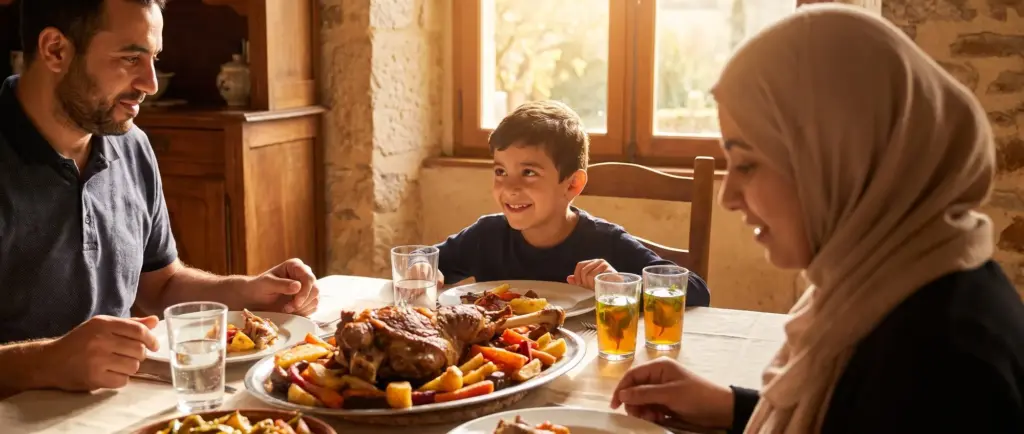 Repas de famille autour d'un agneau rôti