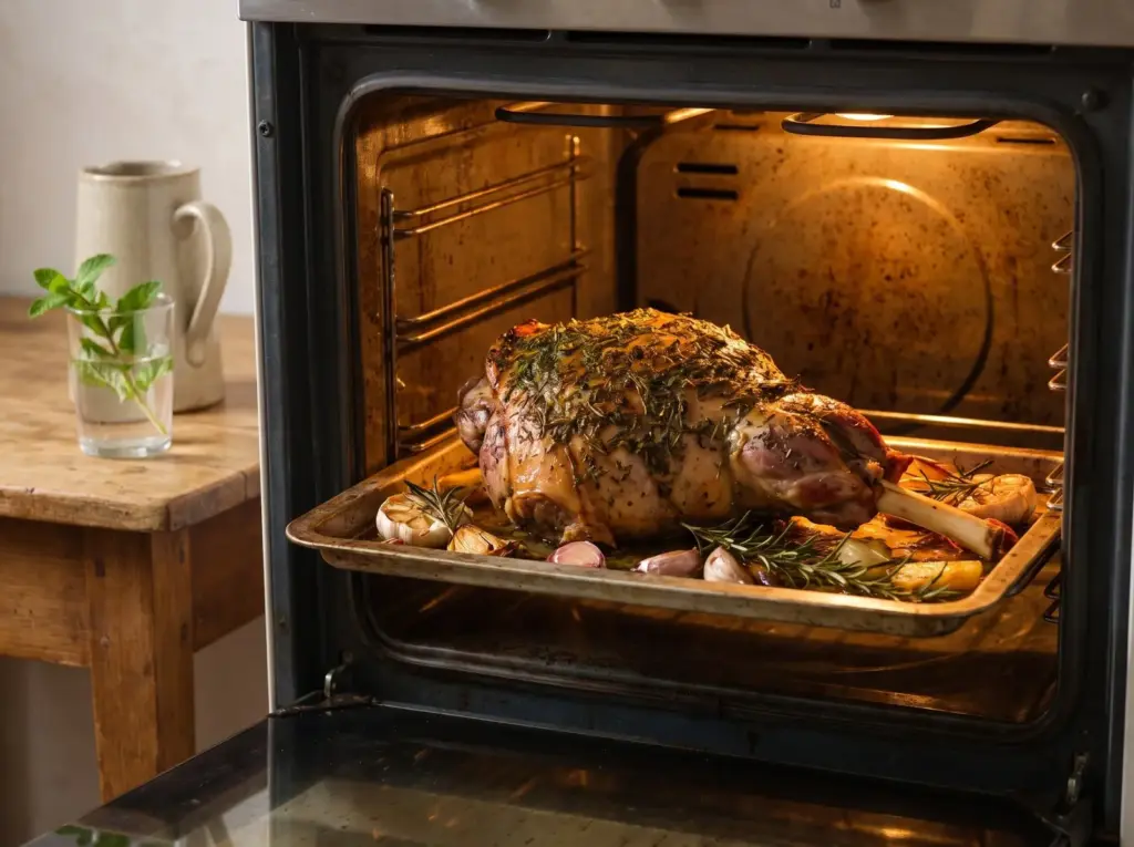 Un gigot rôtit dans le four