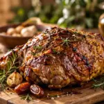 Un gigot d'agneau rôti sur une planche, ail et romarin