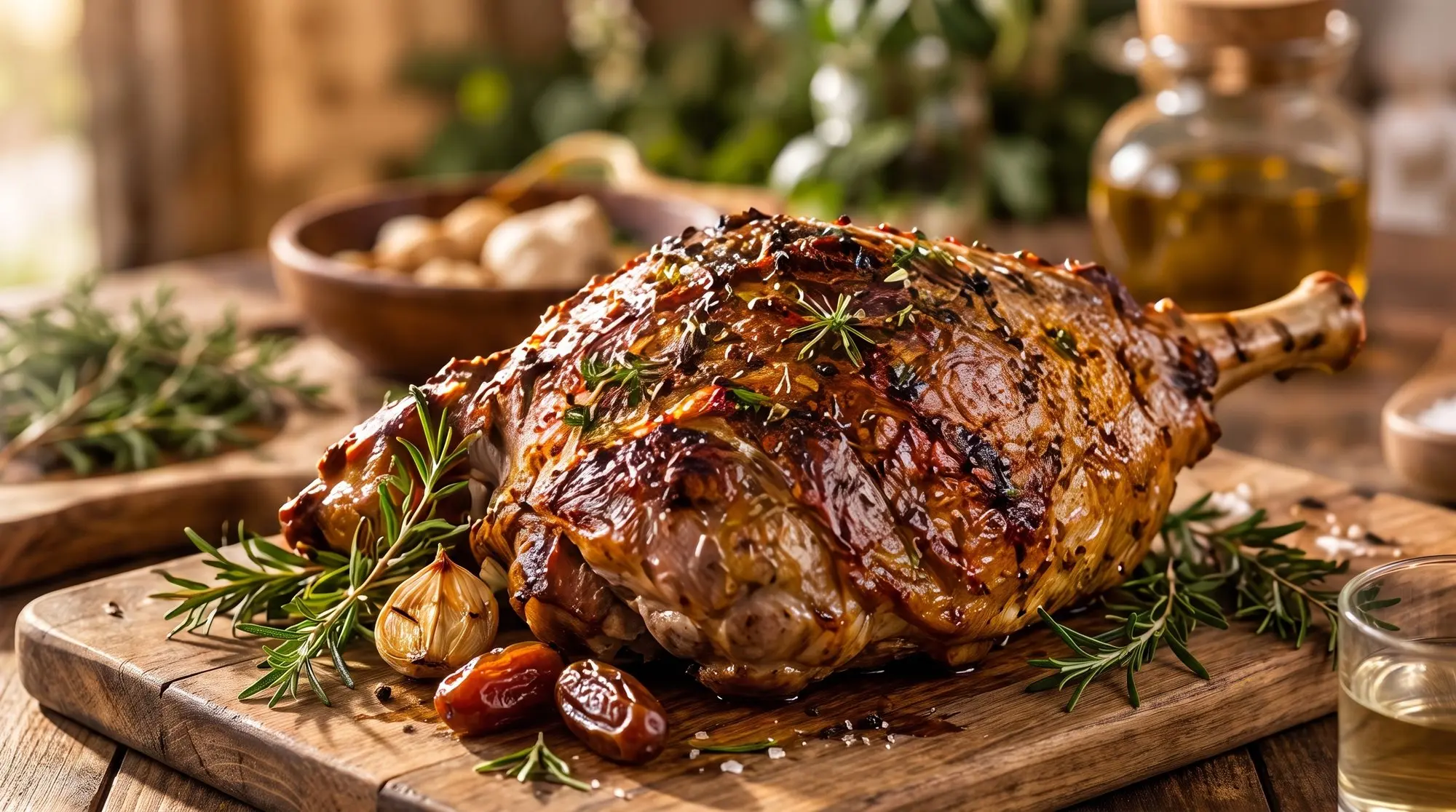 Un gigot d'agneau rôti sur une planche, ail et romarin