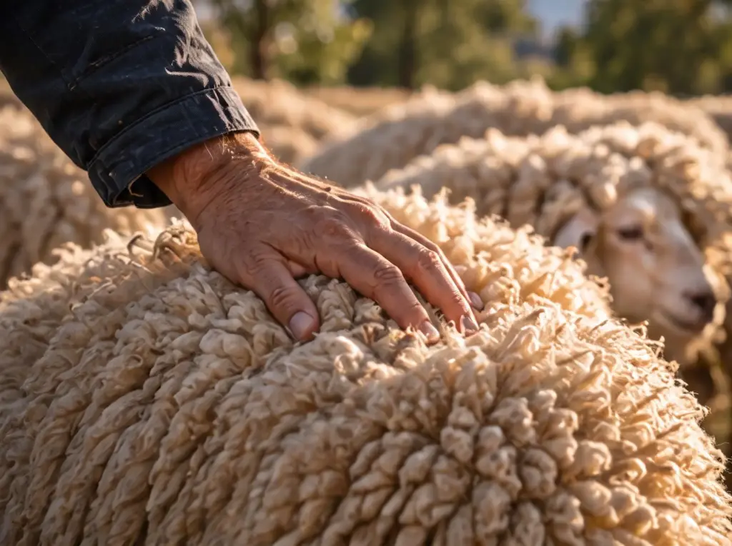 Une main posée sur la laine d'un mouton
