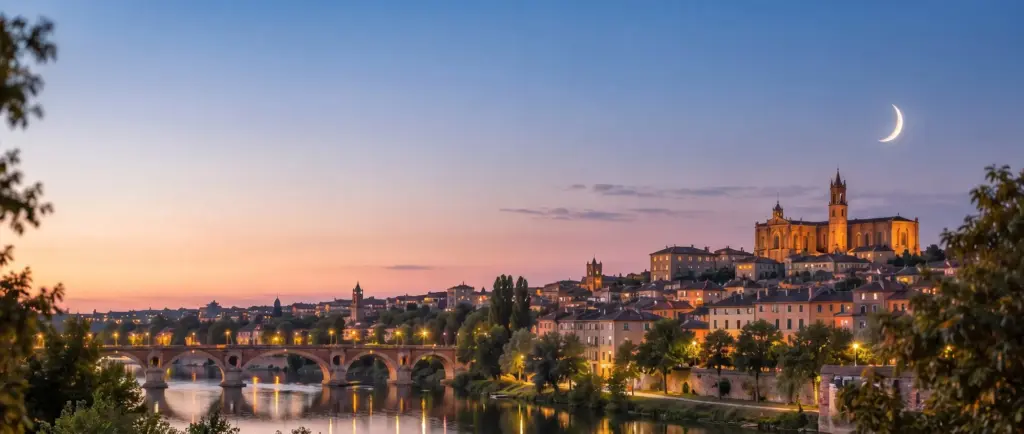 Croissant de lune au-dessus d'une ville de brique au crépuscule