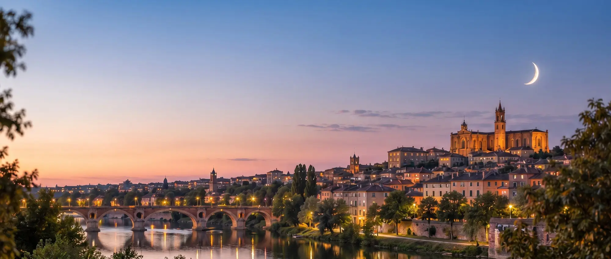 Croissant de lune au-dessus d'une ville de brique au crépuscule