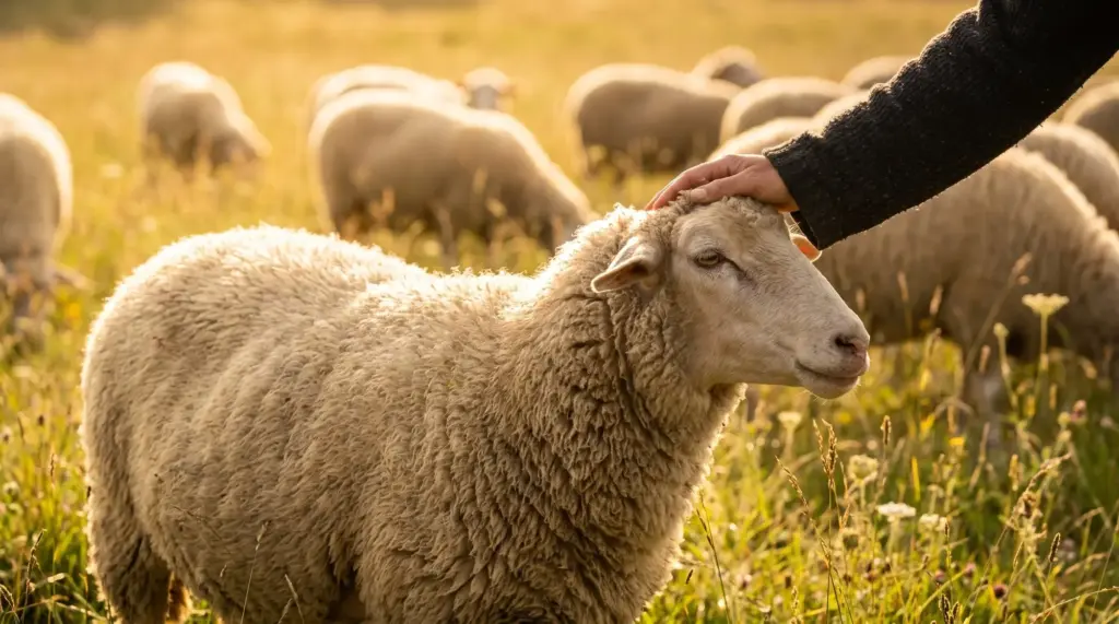 Une main caresse la tête d'un mouton