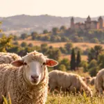Un mouton regarde l'objectif, le troupeau pâture derrière lui