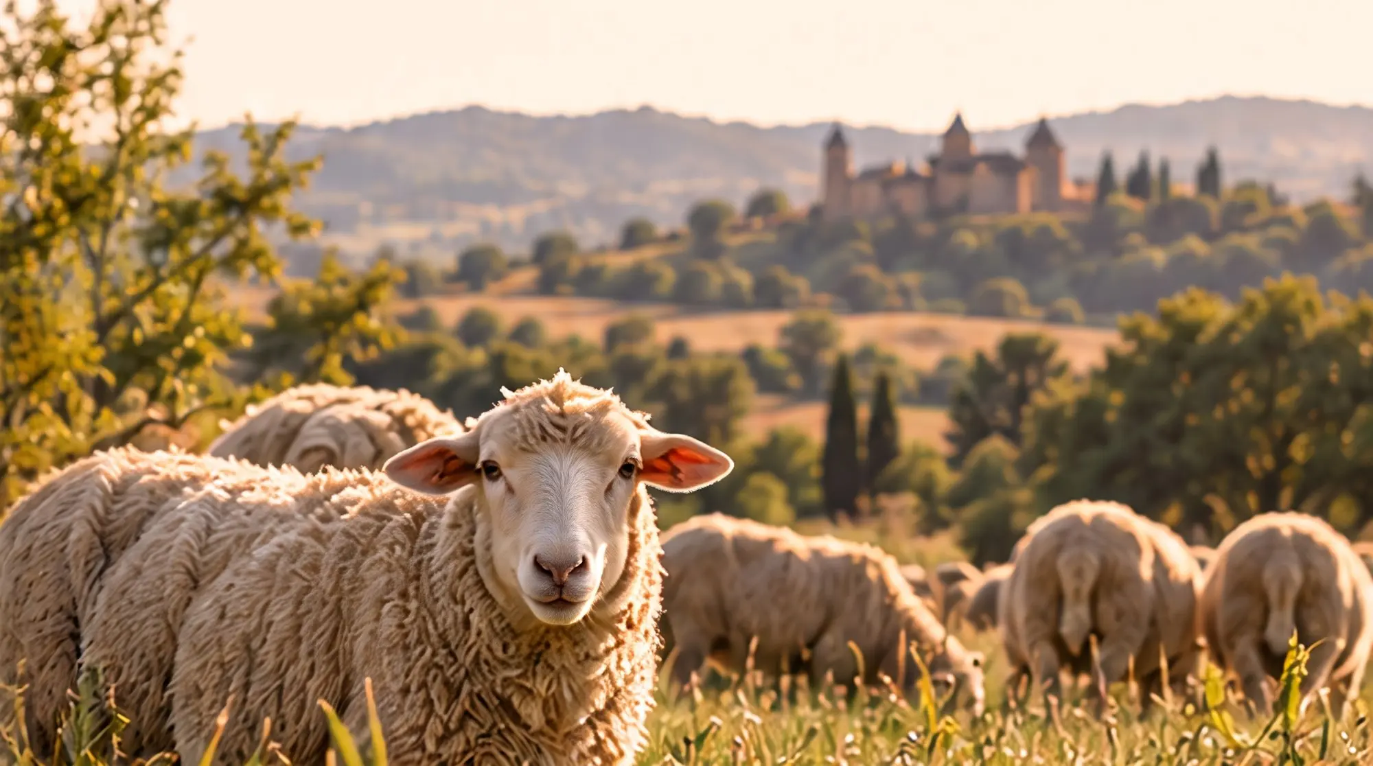 Un mouton regarde l'objectif, le troupeau pâture derrière lui