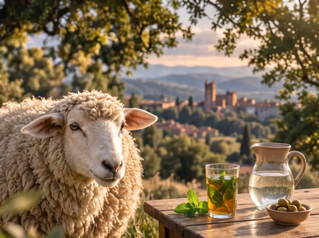 Un mouton en gros plan devant un village de brique