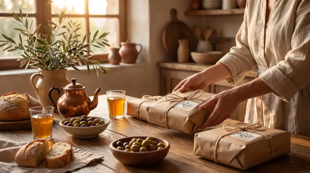 Des mains déposent des colis de viande en papier kraft sur une table