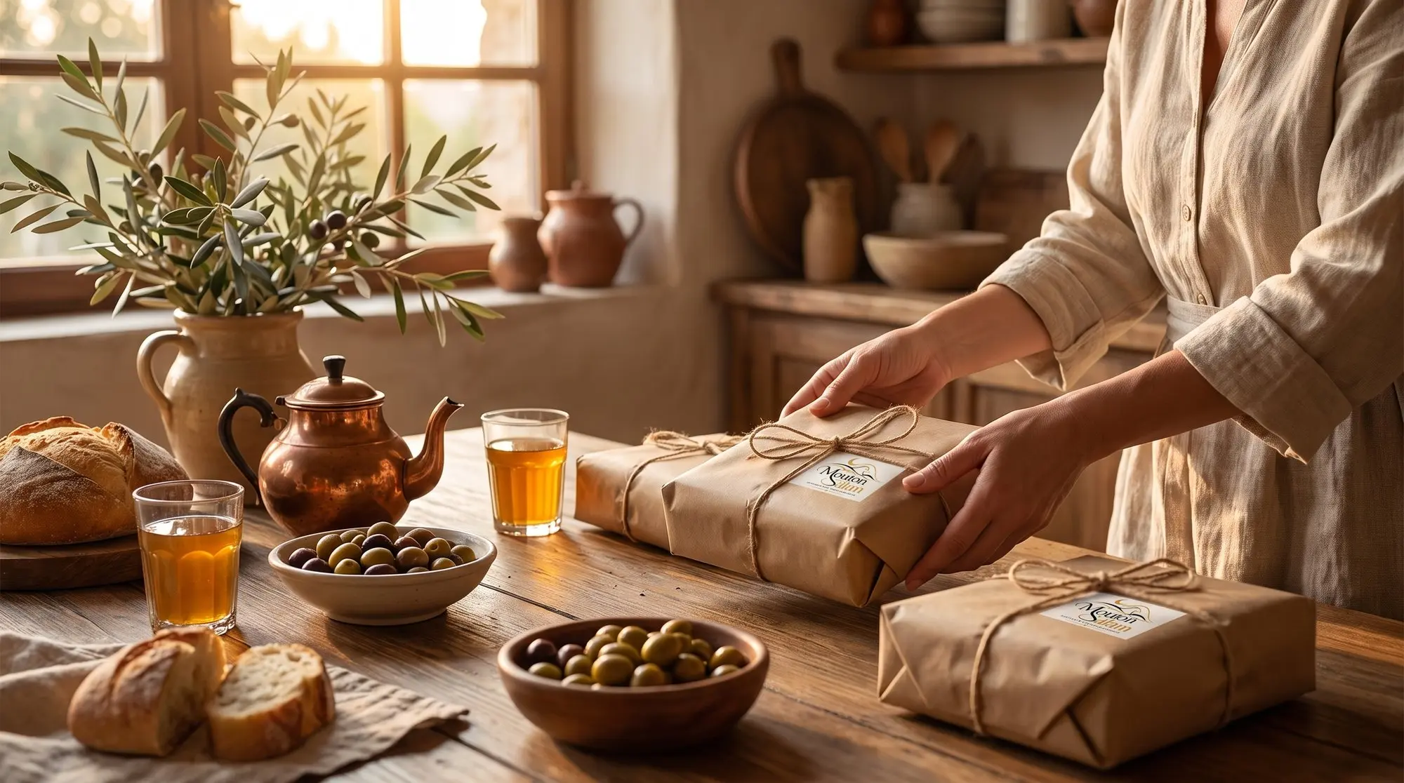 Des mains déposent des colis de viande en papier kraft sur une table