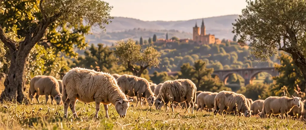 Troupeau dans une prairie dorée, village perché à l'horizon