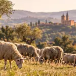 Troupeau dans une prairie dorée, village perché à l'horizon
