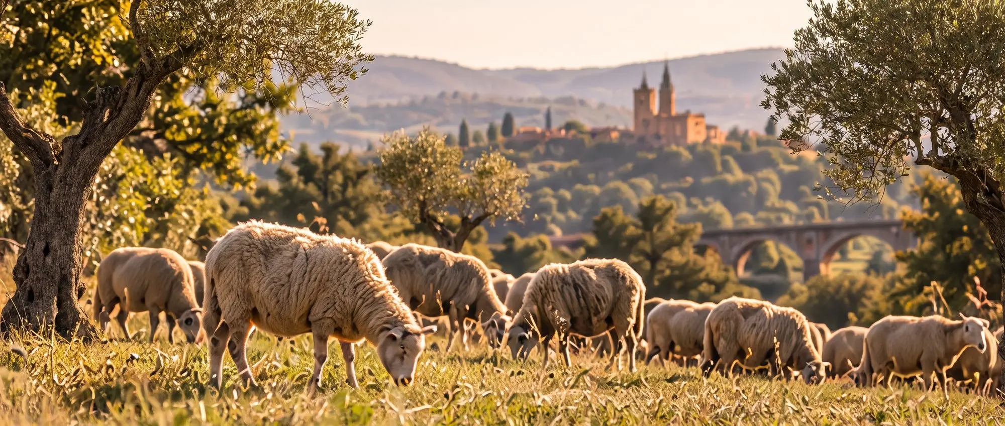 Troupeau dans une prairie dorée, village perché à l'horizon