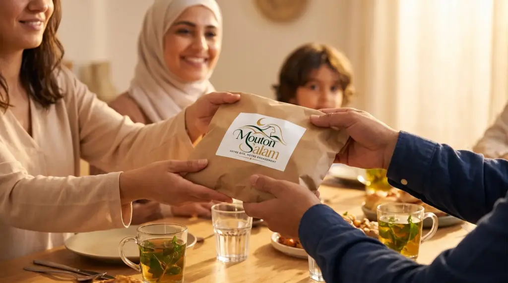 Remise d'un colis de viande autour d'une table familiale