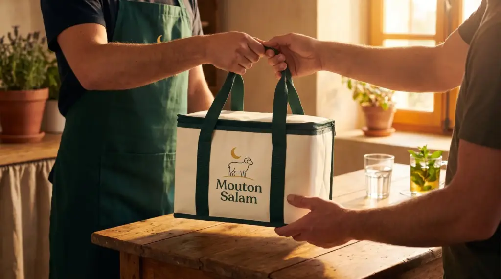 Sac isotherme Mouton Salam posé sur un comptoir