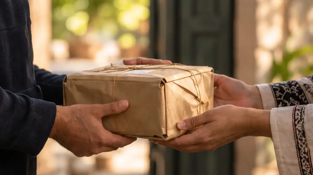 Deux paires de mains se passent un colis de papier kraft