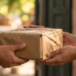 Deux paires de mains se passent un colis de papier kraft