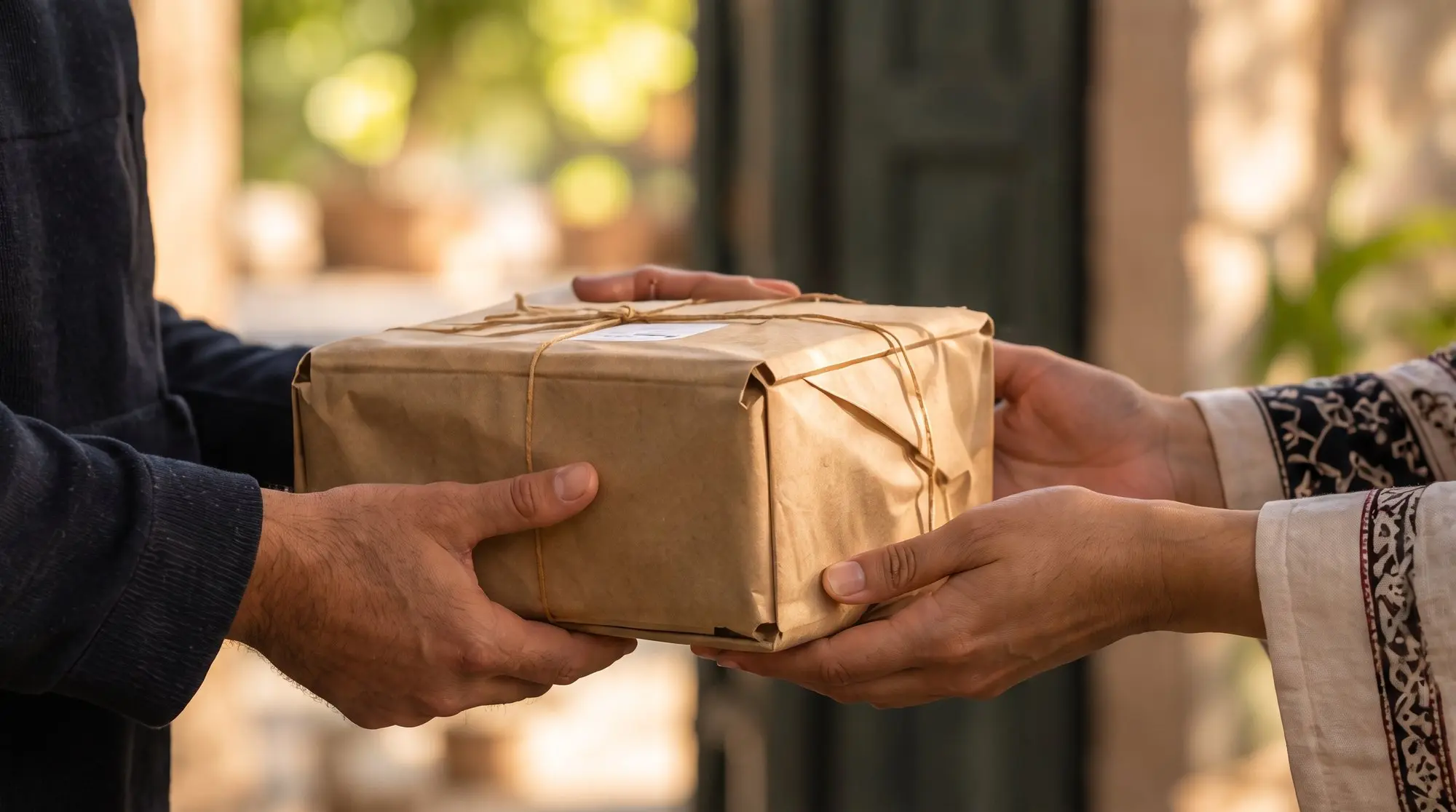 Deux paires de mains se passent un colis de papier kraft