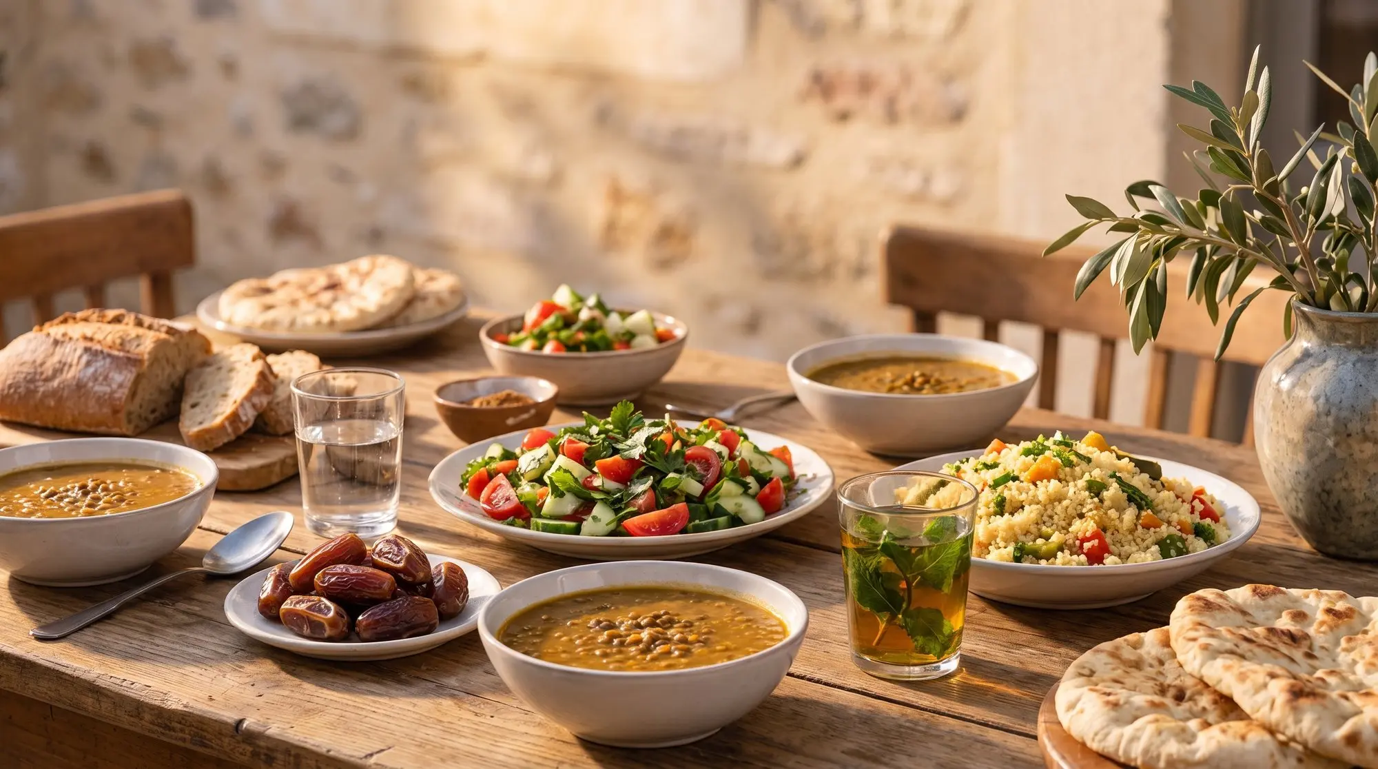 Une table familiale garnie de soupe, de dattes et de couscous