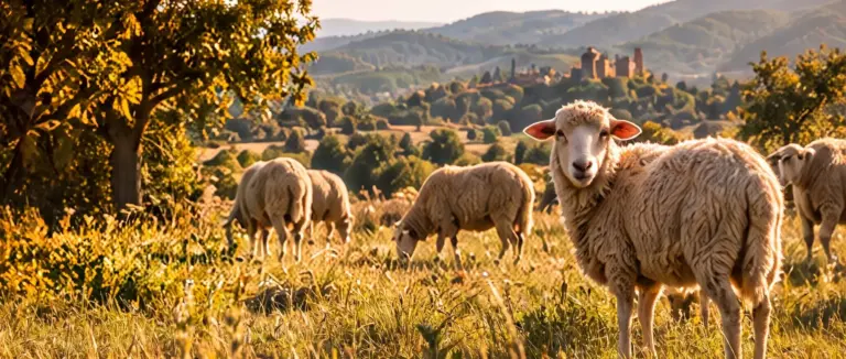 Troupeau de moutons dans une prairie au coucher du soleil