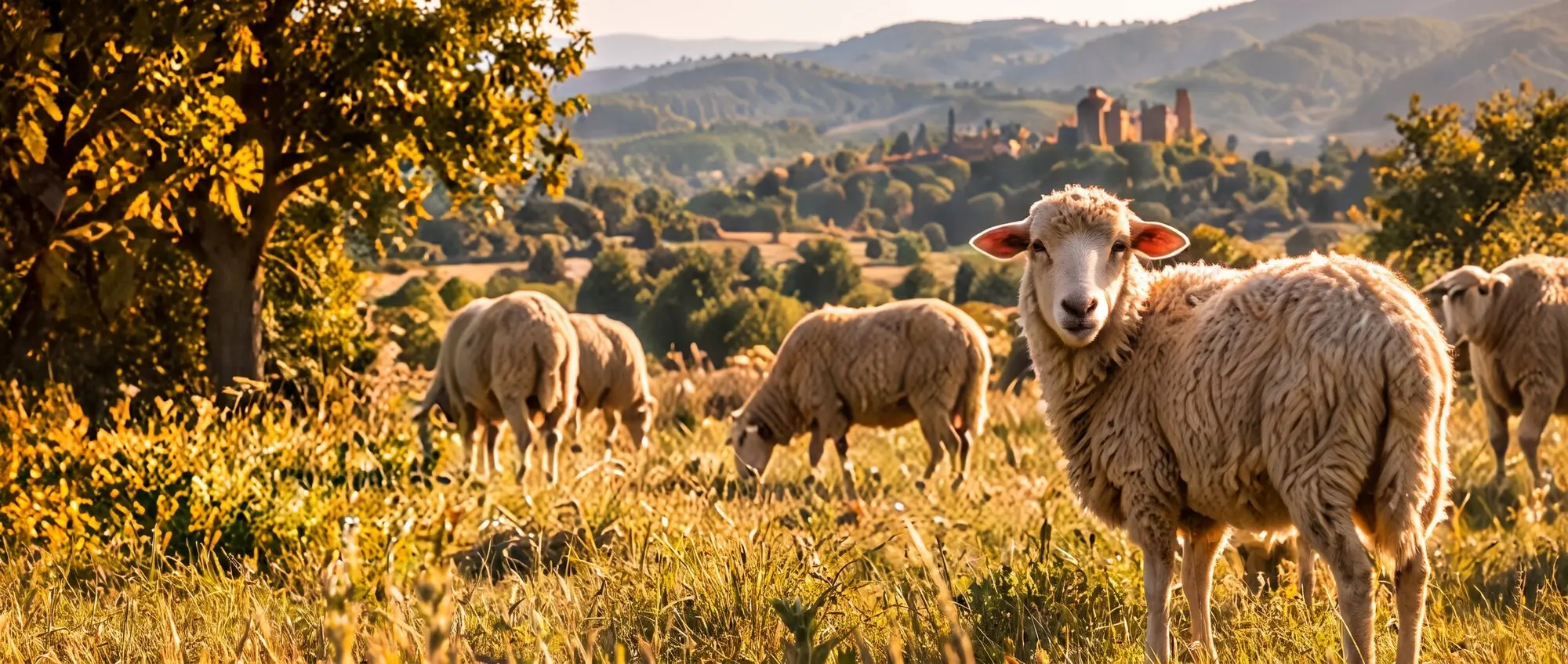 Troupeau de moutons dans une prairie au coucher du soleil