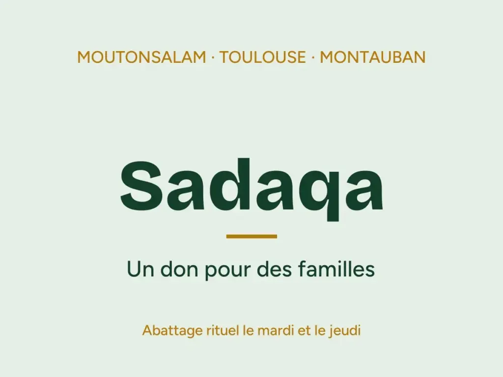 Carte vert clair portant le mot Sadaqa, un don pour des familles