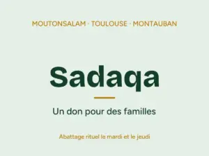 Carte vert clair portant le mot Sadaqa, un don pour des familles