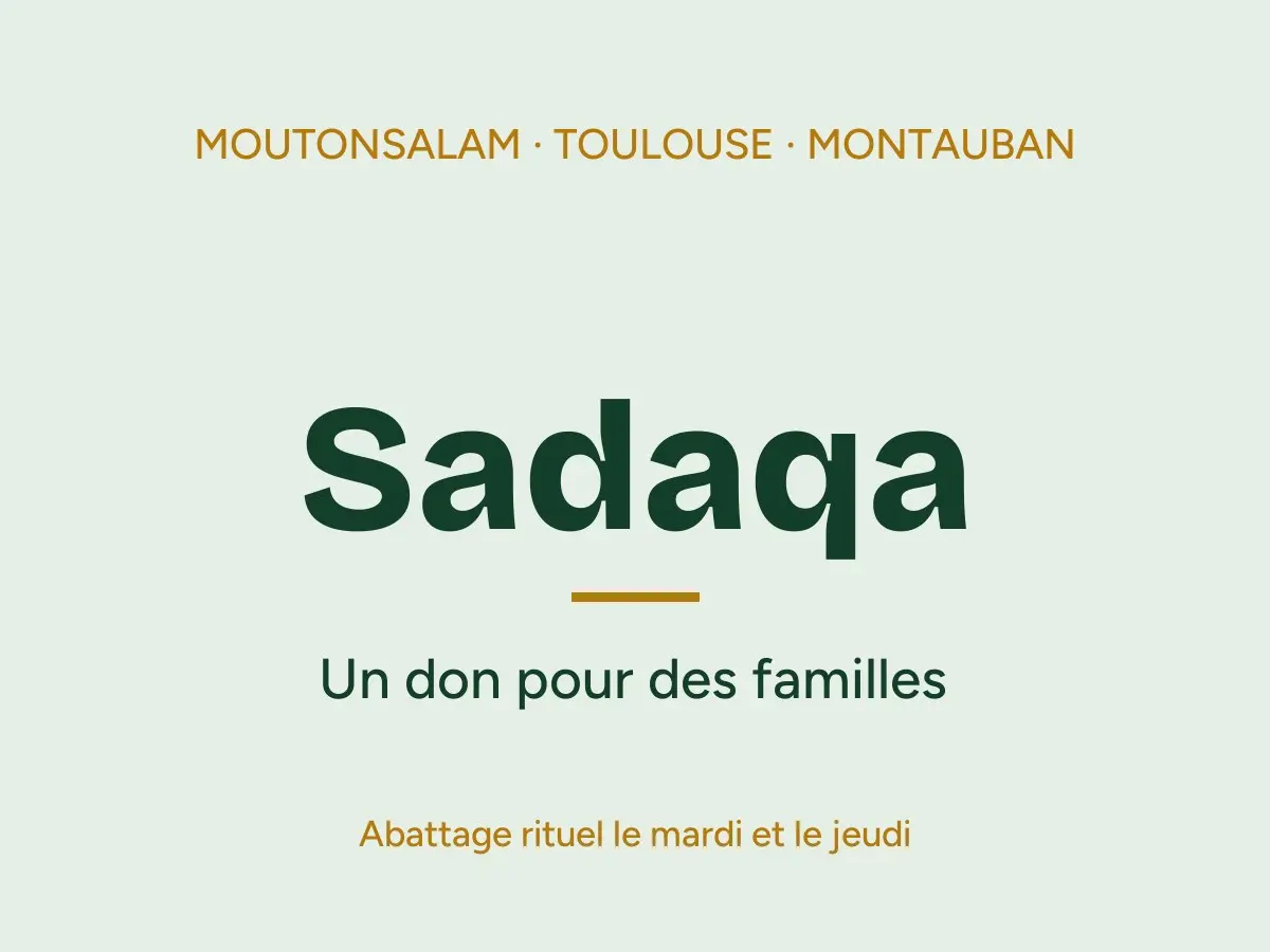 Carte vert clair portant le mot Sadaqa, un don pour des familles